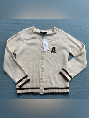 Amy Byer Cream Button Cardigan with Brown Trim and Teddy Patch